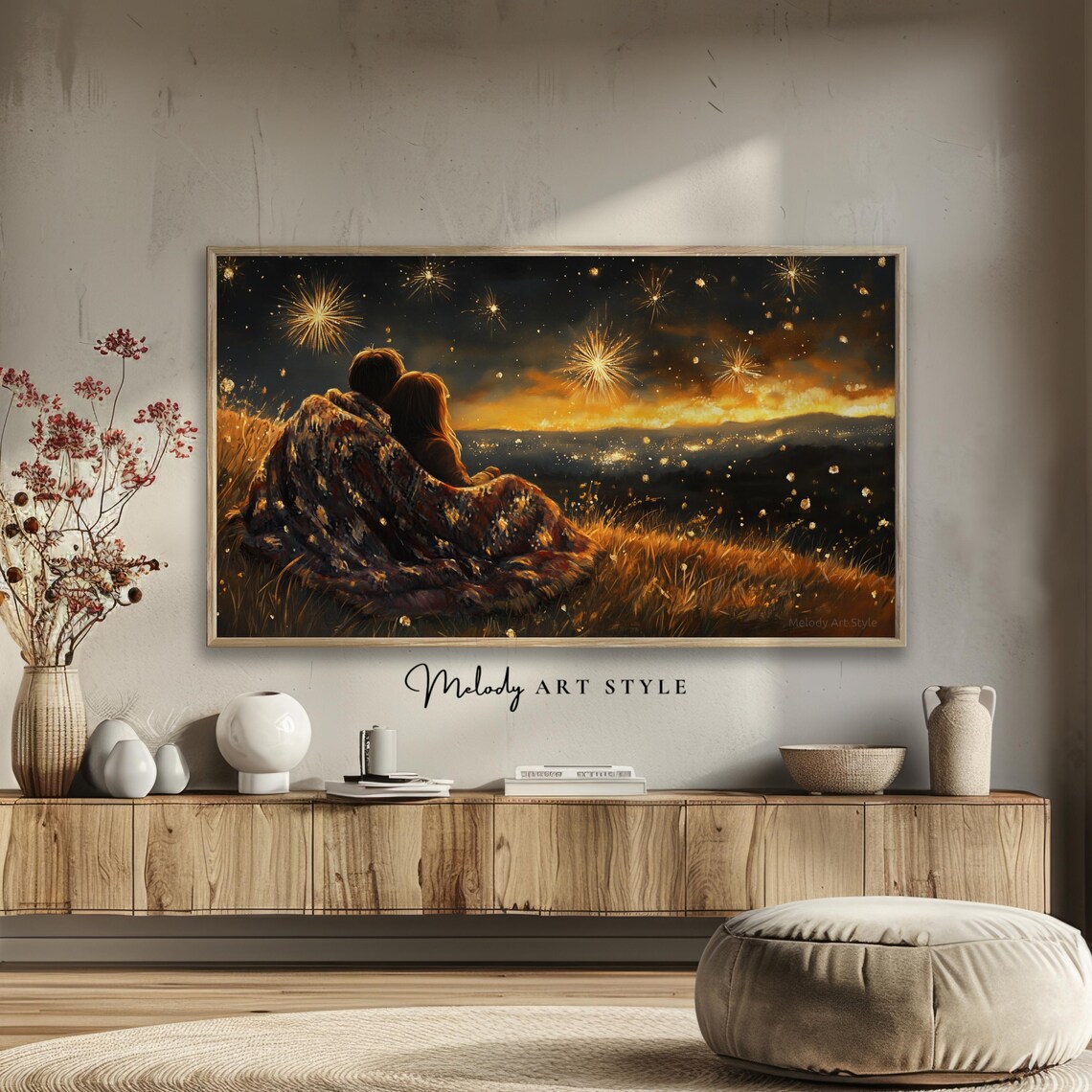 Romantic Couple Fireworks Night Skyline City Lights Golden Art Poster - Image 2