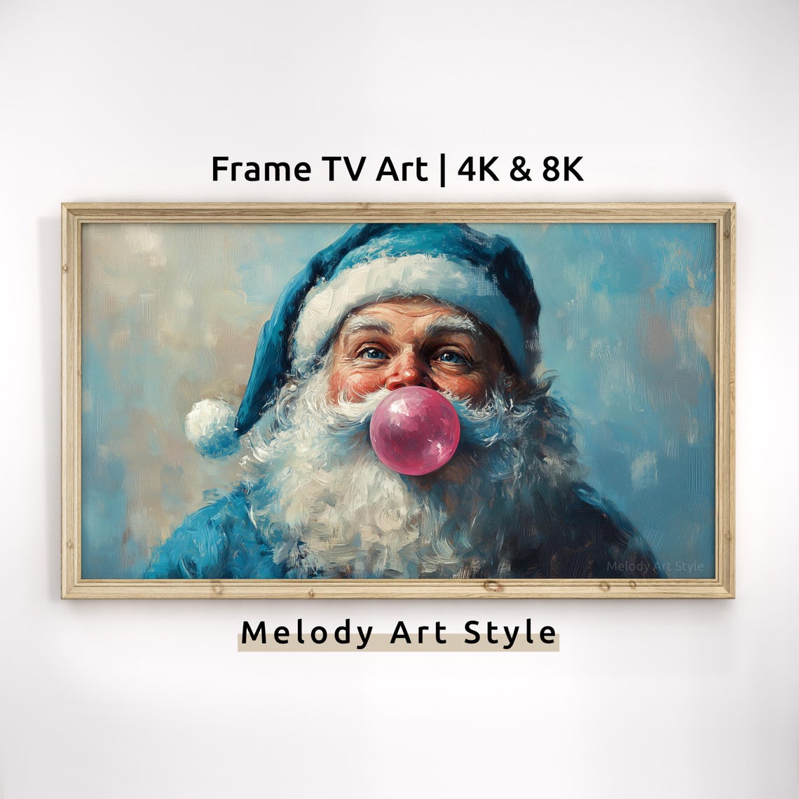 Blue Santa Claus Blowing Pink Bubble Gum Winter Oil Painting Poster