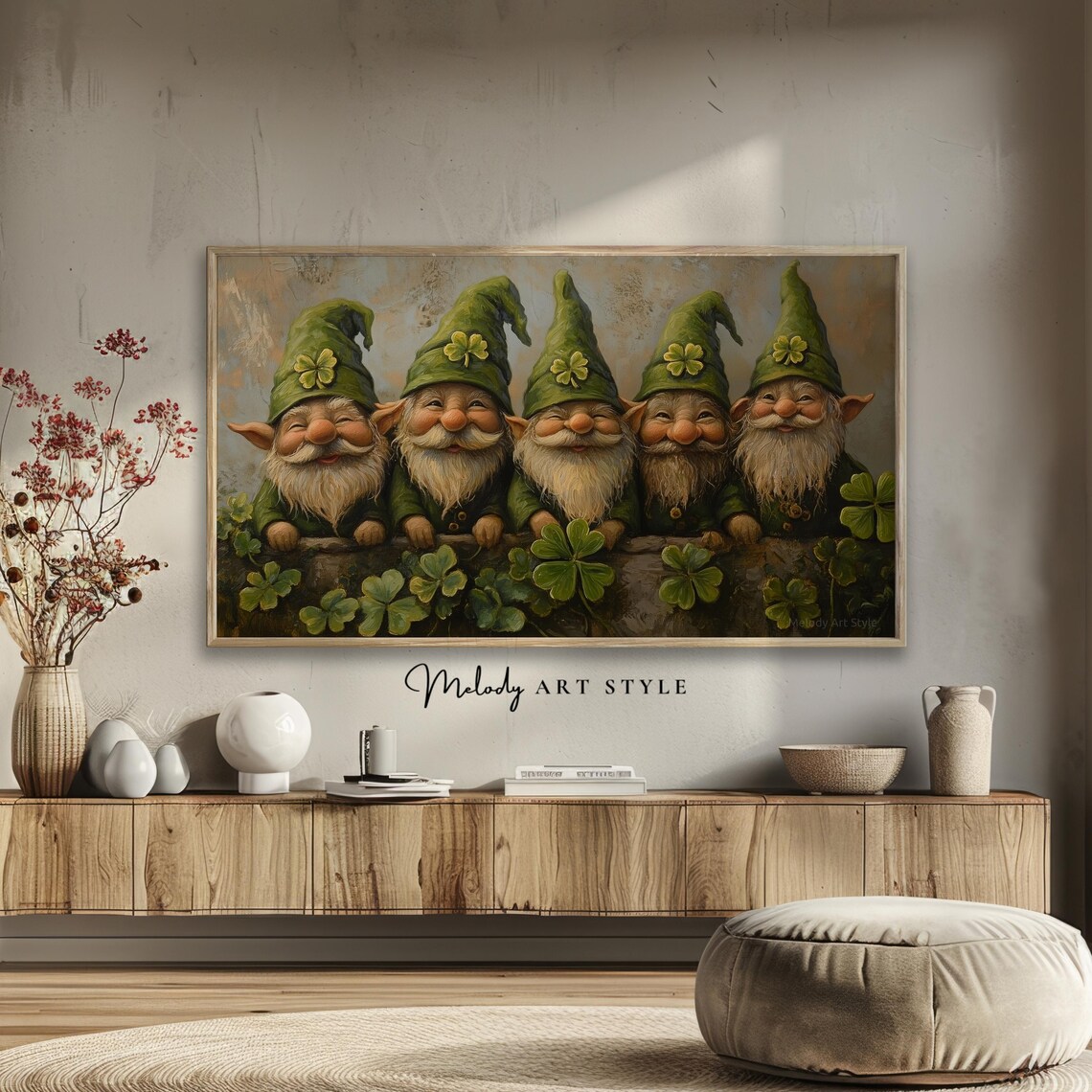 Five Happy Gnomes In Row Shamrock Hats St Patricks Day Painting Poster - Image 2