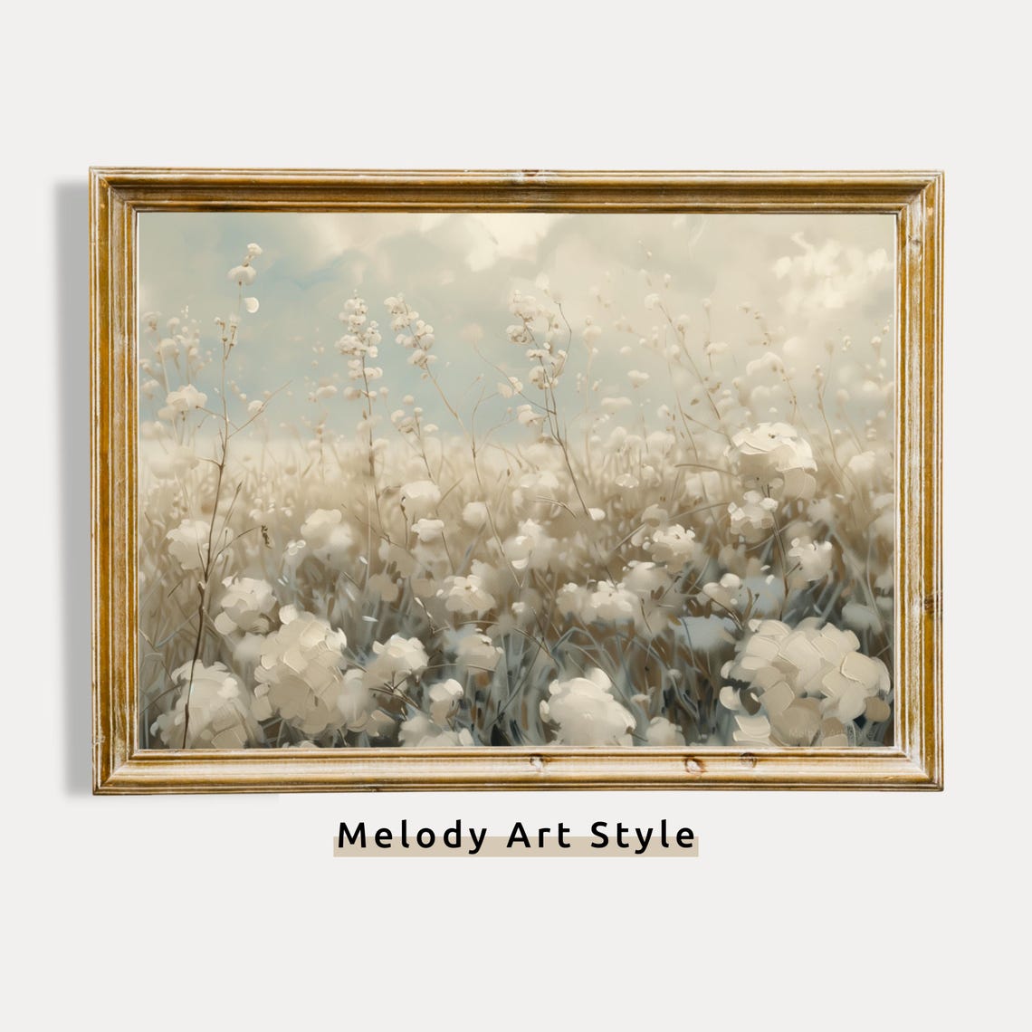 White Cotton Wildflower Field In Soft Muted Tones Botanical Art Print