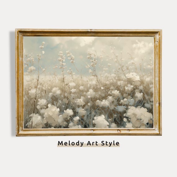 Cotton Field Landscape Wall Art Muted Oil Painting Botanical Vintage Poster Elegant White Flower P70