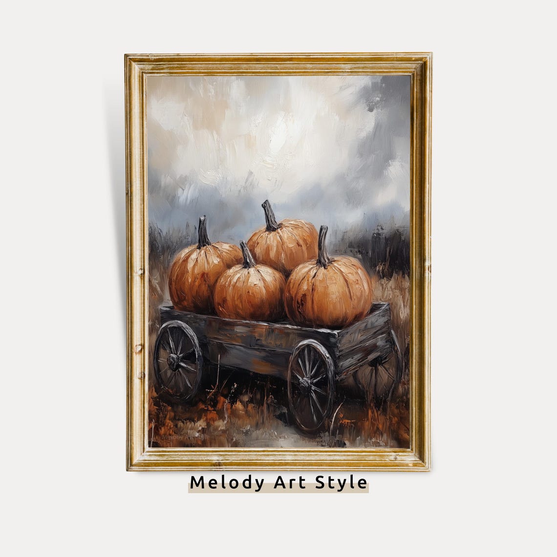 Pumpkins on Rustic Wagon Fall Farmhouse Thanksgiving Painting Poster