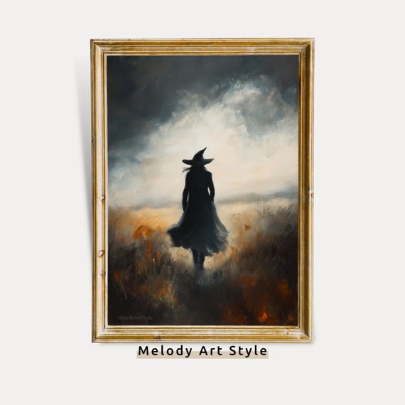 Moody Witch Art Dark Autumn Decor In Misty Field Wall Print Halloween Witchcore P681