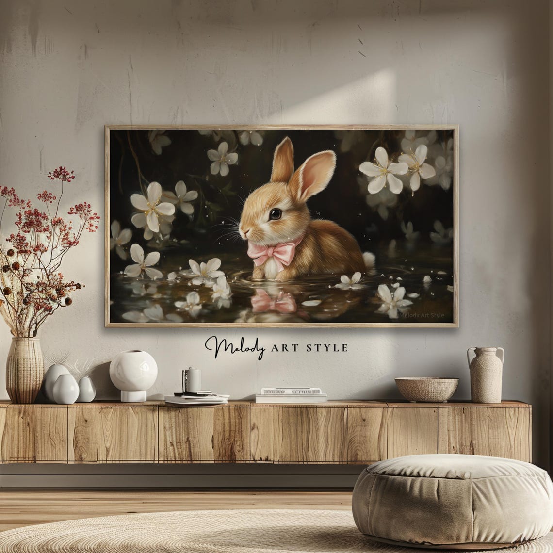 Bunny With Pink Bow Among Blossoms Dark Moody Spring Art Poster - Image 2