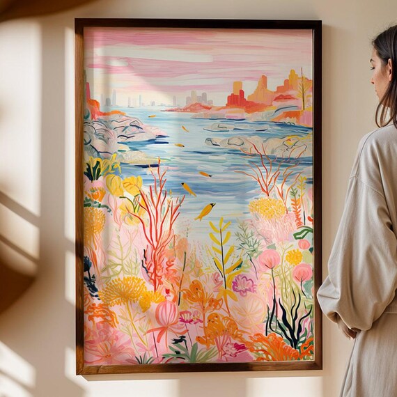 Coastal Landscape Poster Pink Ocean Sunset City View Art Print Whimsical Nautical Drawing And Illustration