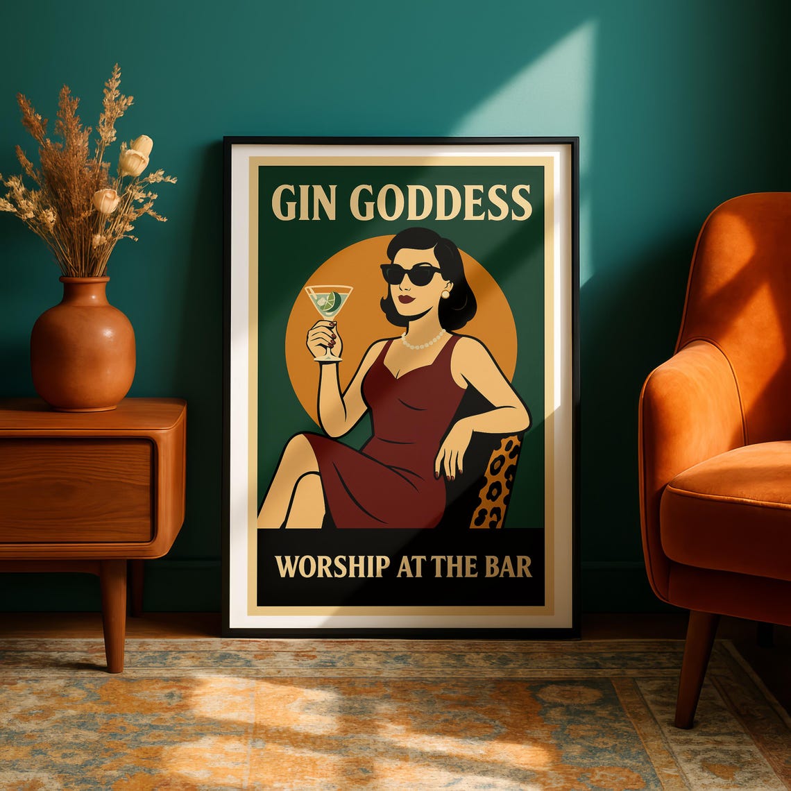 Gin Goddess Retro Pinup Cocktail Dame Vintage Bold Bar Poster
