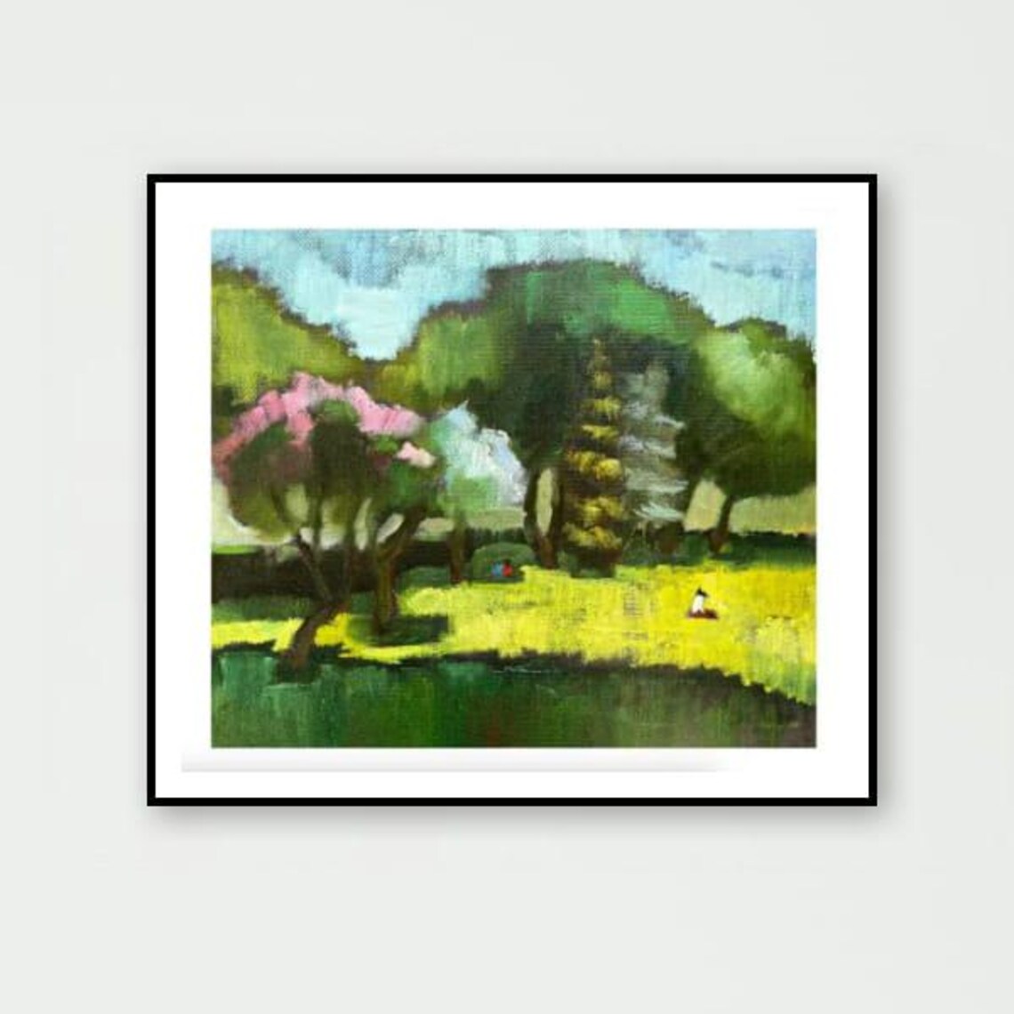 Impressionist Park Pond Trees Painting Green Landscape Print