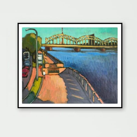 Blue City Bridge Oil Painting Original Impressionist Cityscape Art 40x50cm