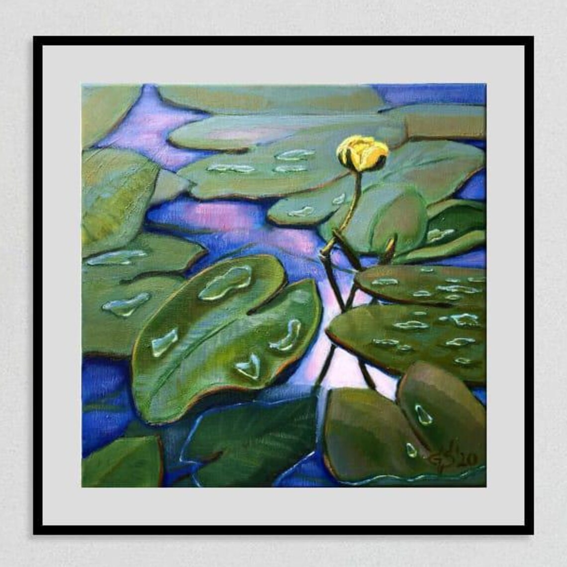 Original Yellow Water Lily Oil Painting Botanical Pond Art 30x30cm