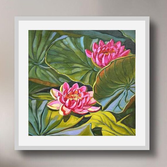 Two Pink Water Lily Blossoms Garden Pond Painting Art Poster