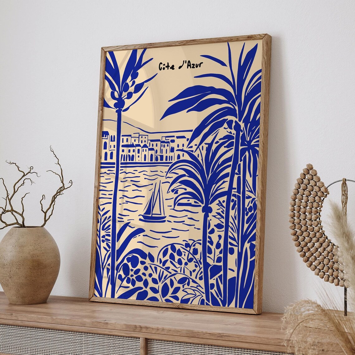 Côte d'Azur French Riviera Poster with Palms and Sailboat in Indigo