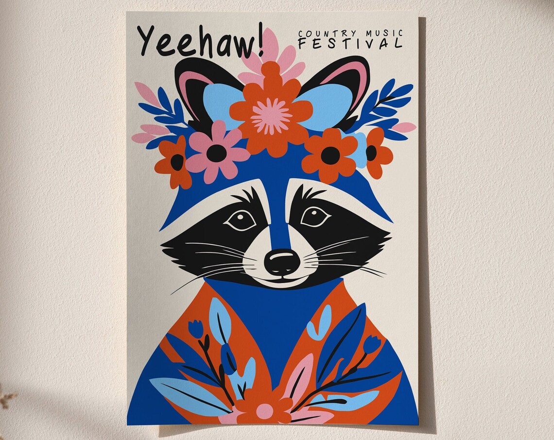 Yeehaw Country Music Festival Funny Raccoon Floral Folk Poster - Image 4