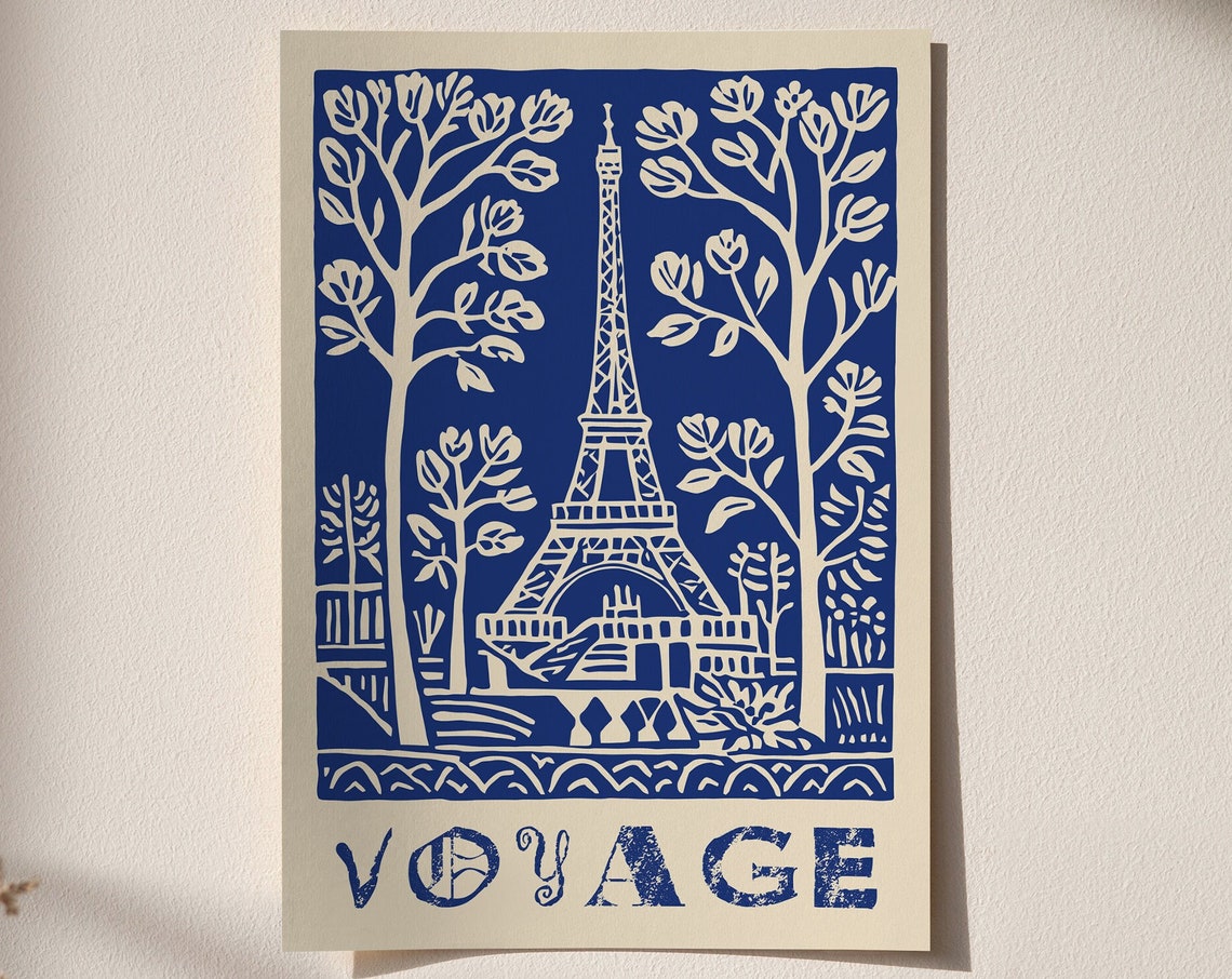 Vintage French Voyage Paris Eiffel Tower Blue Linocut Poster