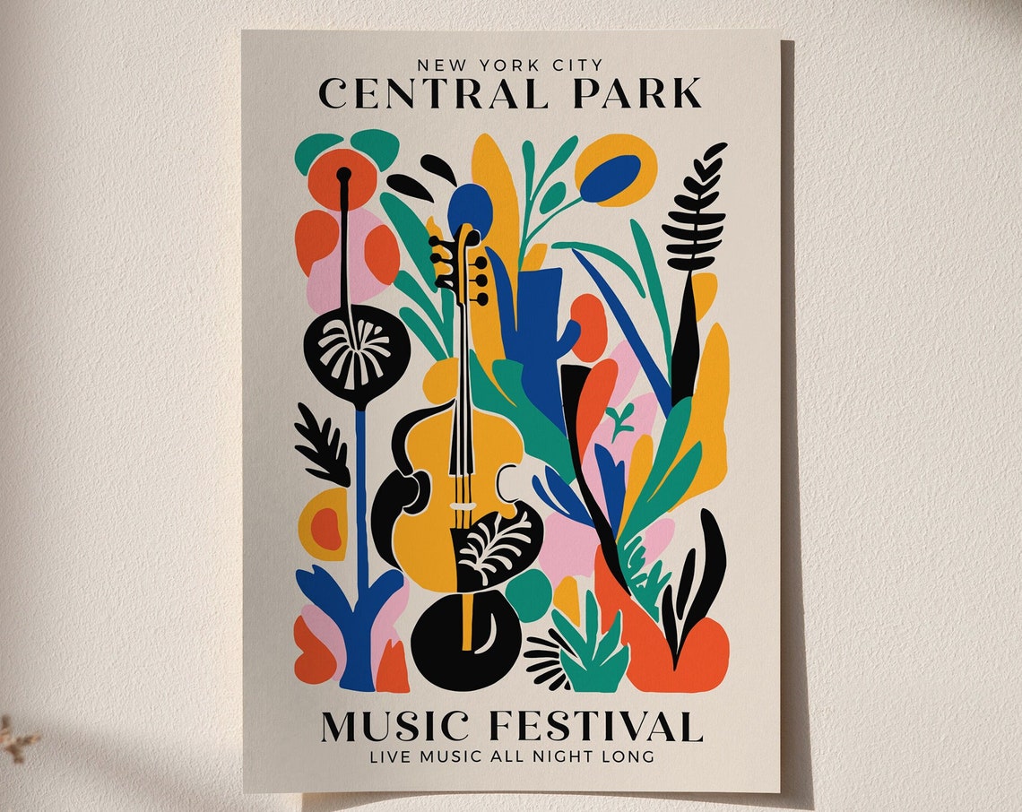 Central Park Music Festival Poster New York City Live Music Event Retro Wall Art With Violin Floral Design Airbnb Wall Decor Music Art