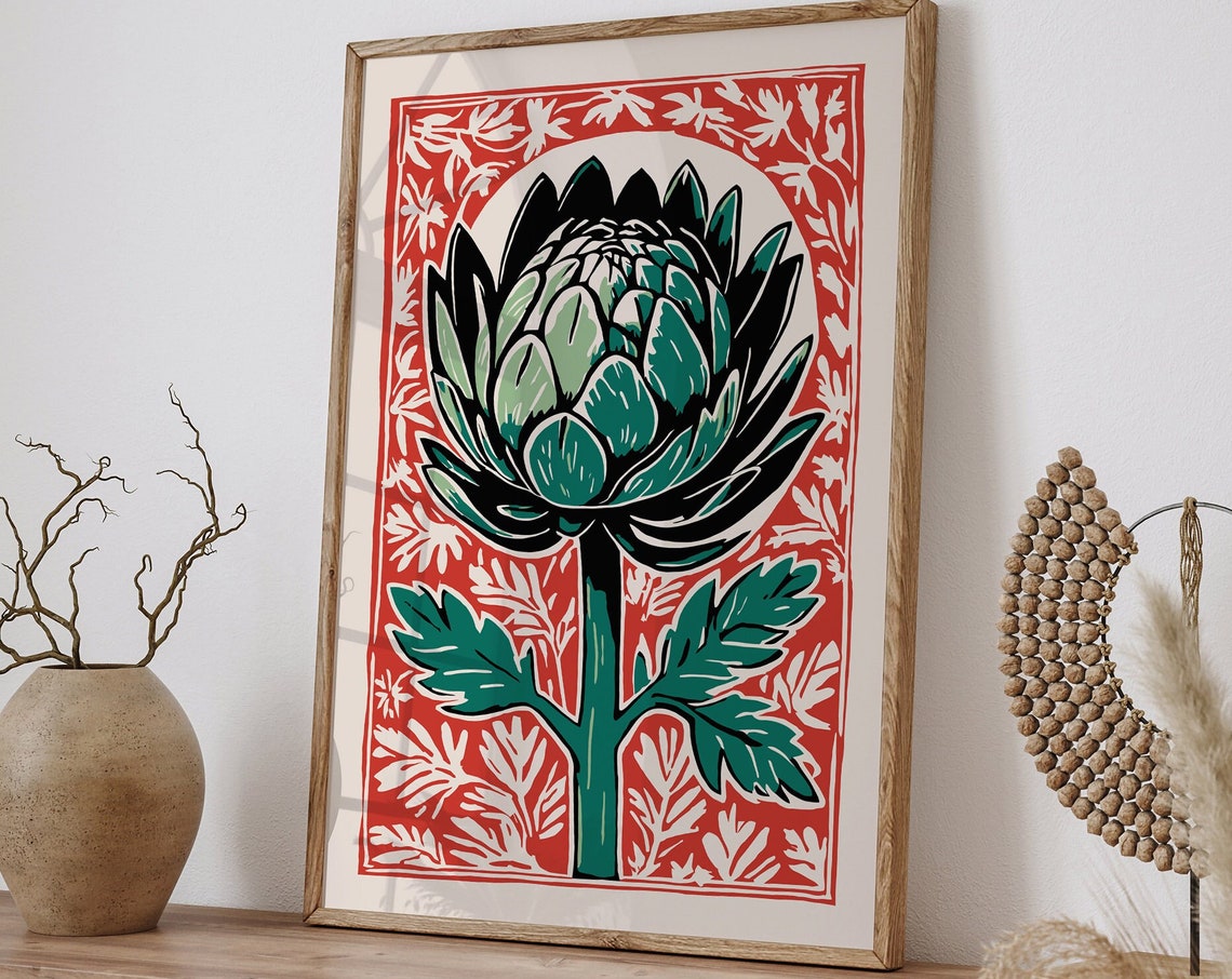 Red and Green Artichoke Linocut Style Vintage Kitchen Wall Poster