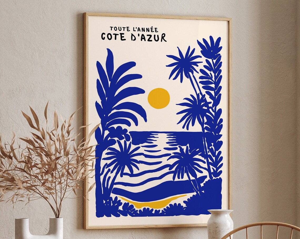 Côte d'Azur Blue Ink Beach Palms French Riviera Travel Poster