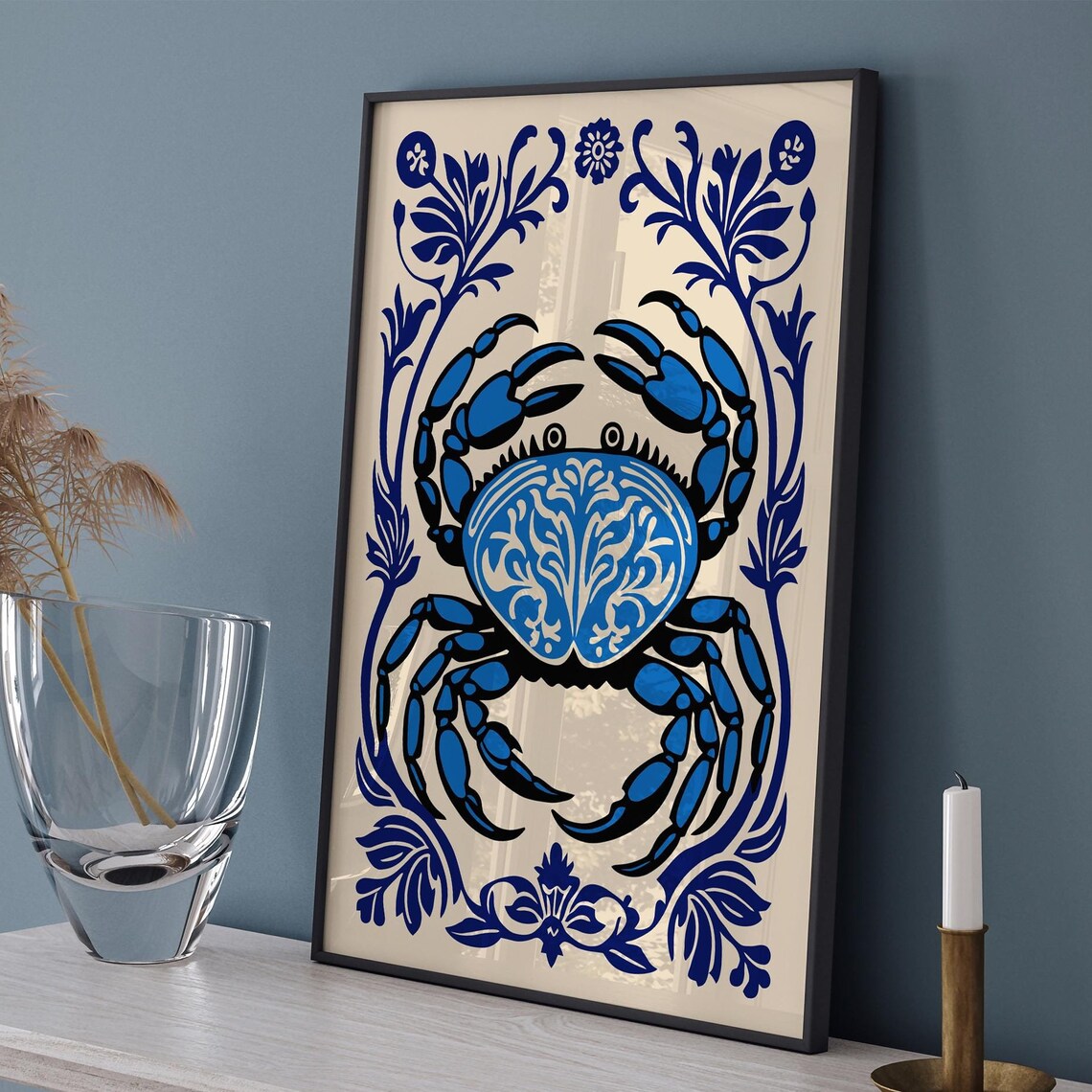 Blue Crab Nautical Folk Blue White Coastal Kitchen Art Poster - Image 6