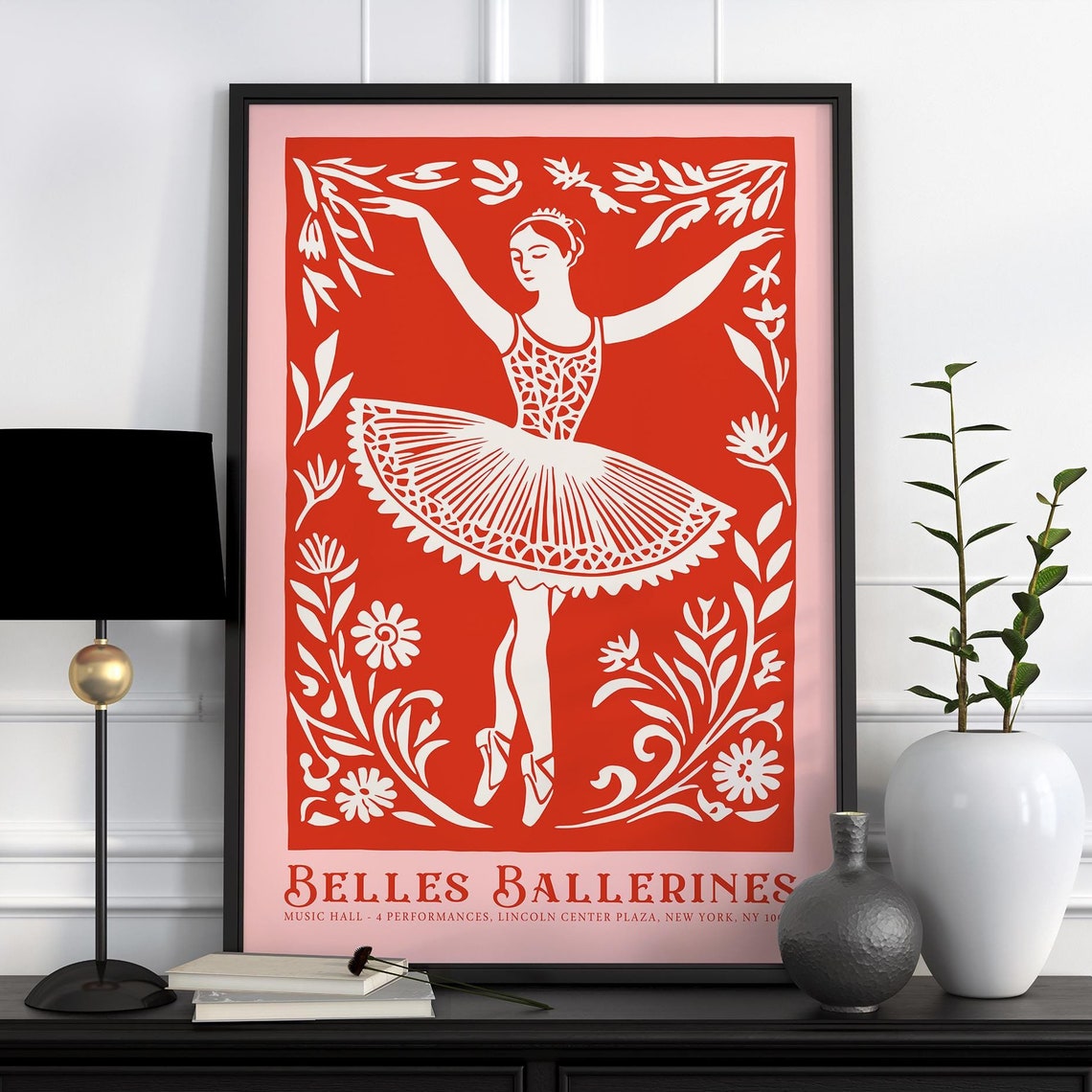 Belles Ballerines Red Poster with Vintage Ballet Dancer Cutout