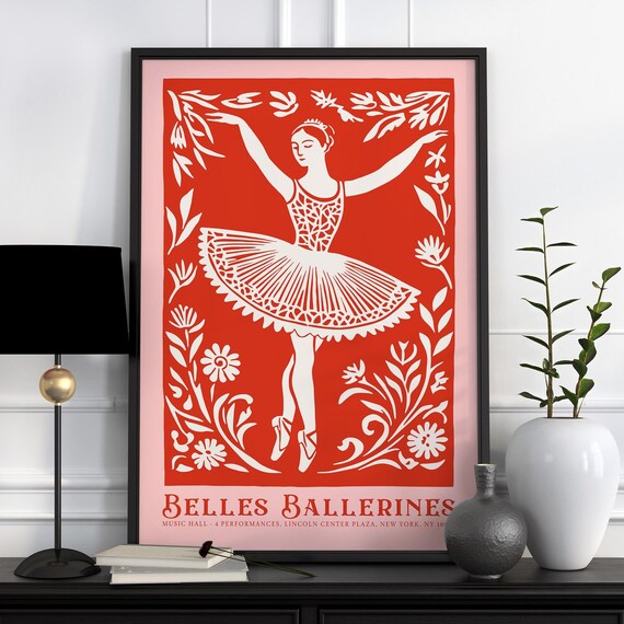 Belles Ballerines Red Poster with Vintage Ballet Dancer Cutout