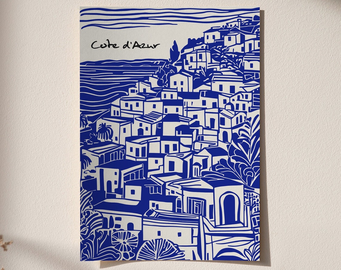 Blue Indigo Cote Dazur Poster French Riviera Print Vintage French Wall Art Travel Poster Print Honeymoon Gift 24x36 20x30 Minimalist