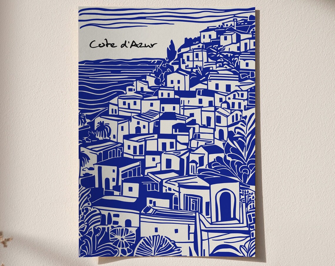 Cote d'Azur French Riviera Blue Coastal Village Line Art Print