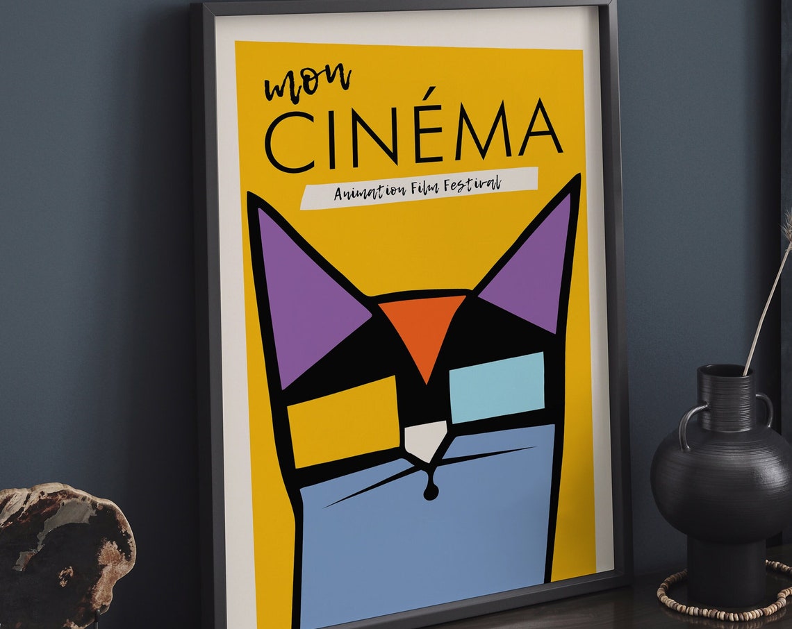 Mon Cinema Animation Film Festival Poster Giclee Reproduction Movie Art Print Retro Art 24x36 Paris Film Festival Yellow Cat Poster