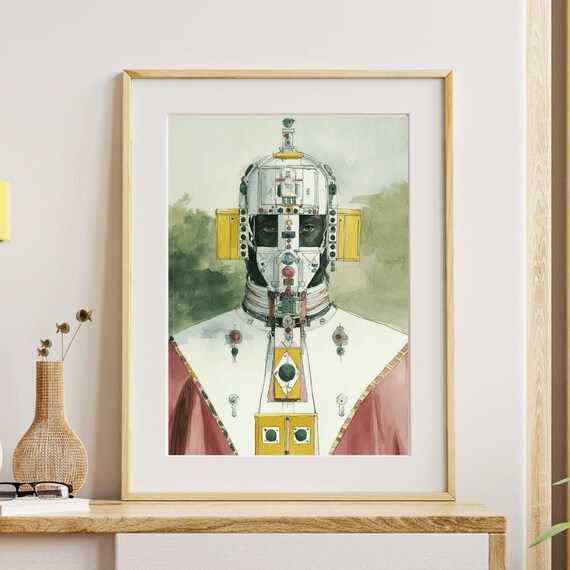 Steampunk Knight Helmet Watercolor Portrait Futuristic Armor Art Poster