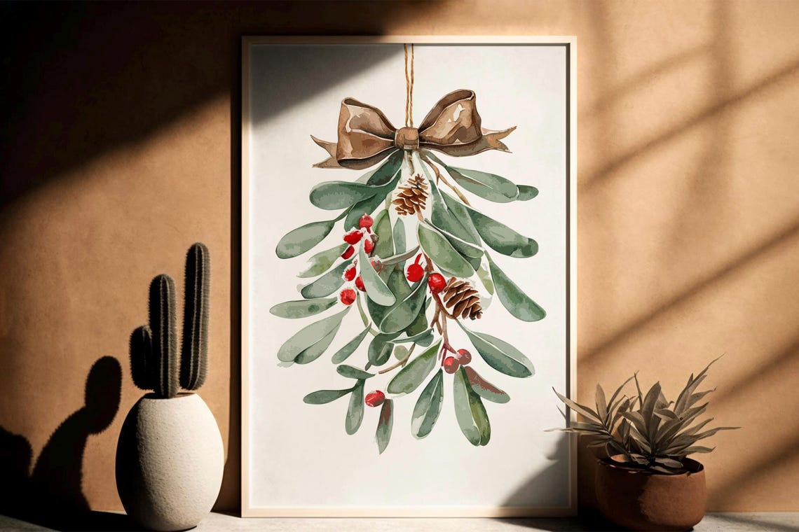 Rustic Watercolor Mistletoe with Brown Bow Farmhouse Christmas Poster - Image 4
