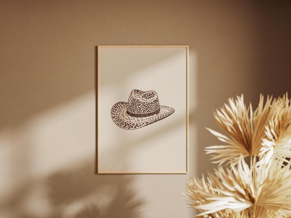 Leopard Pattern Cowboy Hat Minimal Line Drawing Western Decor Poster