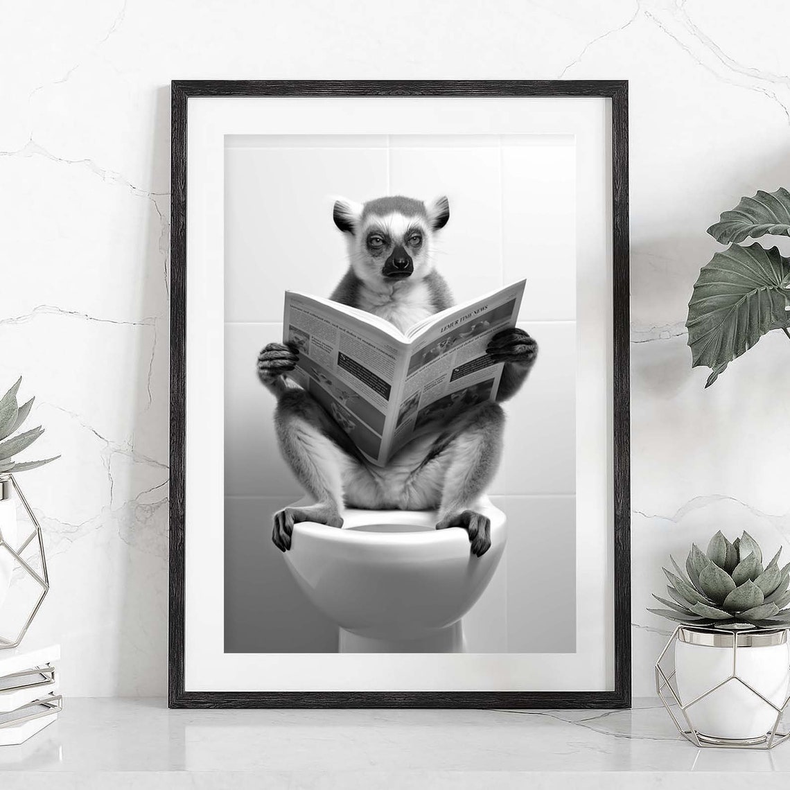 Funny Lemur Reading Newspaper On Toilet Black White Humor Poster - Image 2