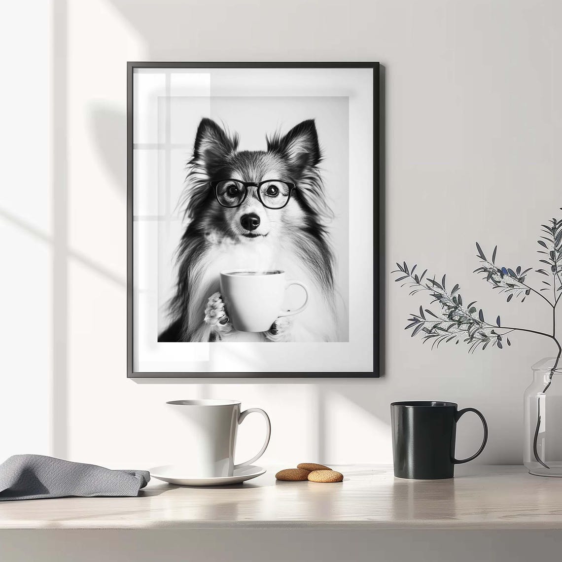 Shetland Sheepdog with Glasses Holding Coffee Cup Funny Kitchen Poster - Image 2