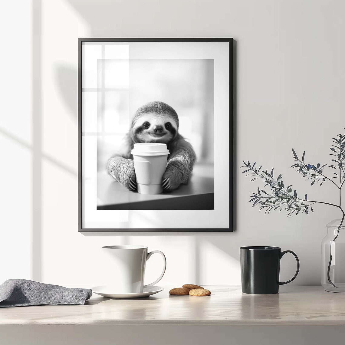 Cute Sloth Holding Coffee Cup Black And White Funny Photo Poster - Image 3