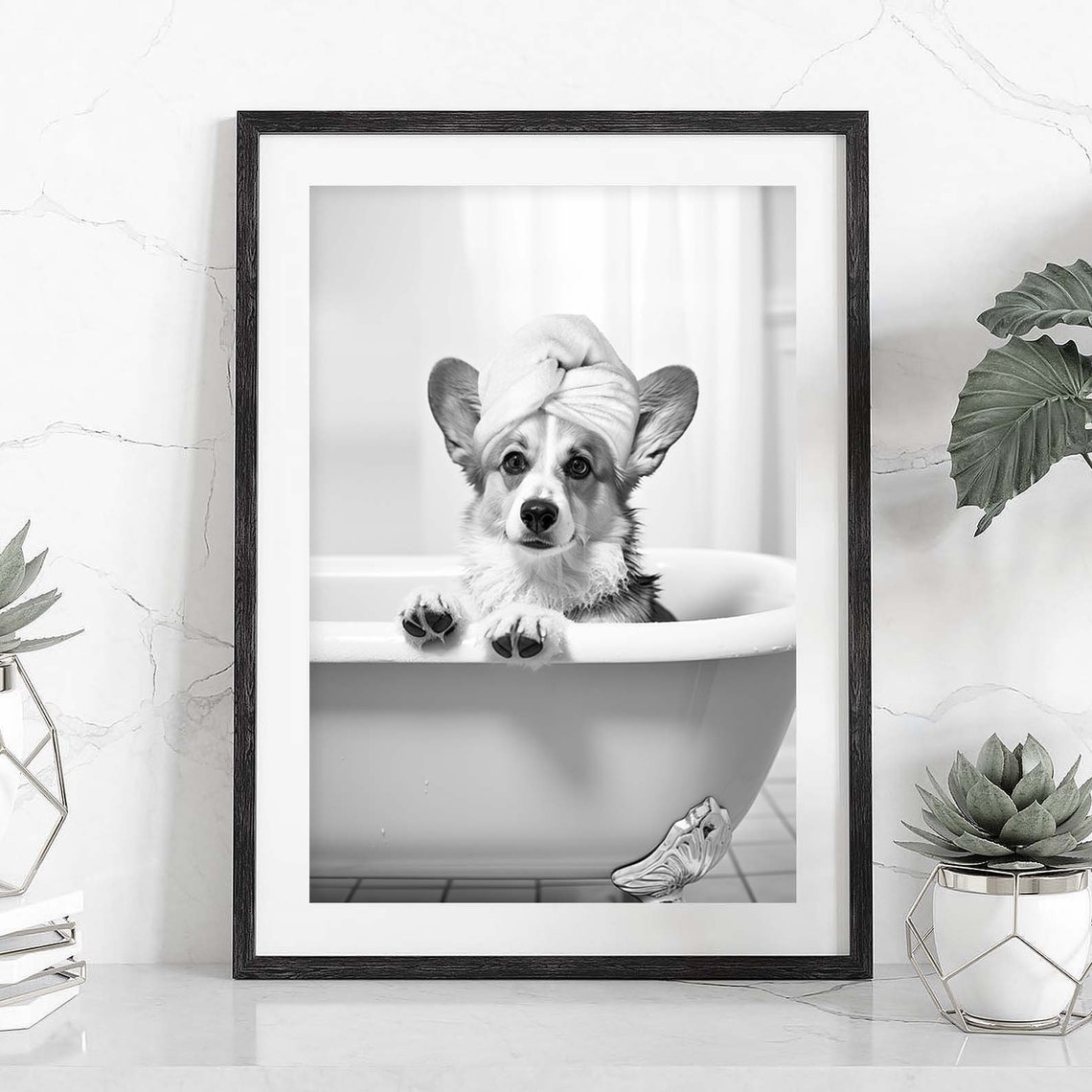 Cute Corgi Puppy In Bathtub With Towel Black White Funny Poster - Image 2