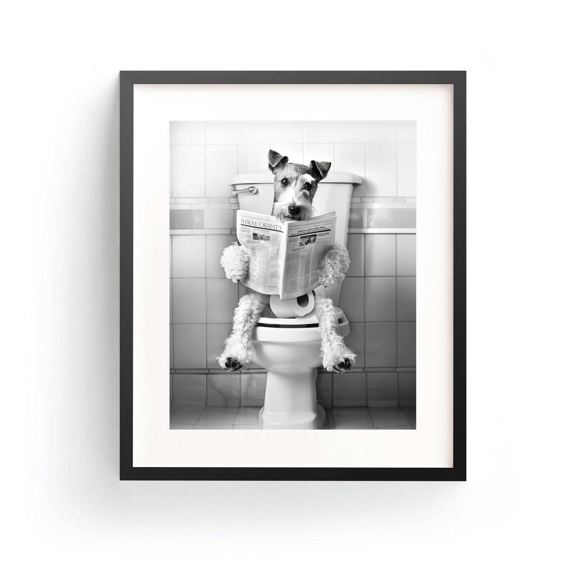 Wire Fox Terrier Reading Newspaper on Toilet Funny Bathroom Poster