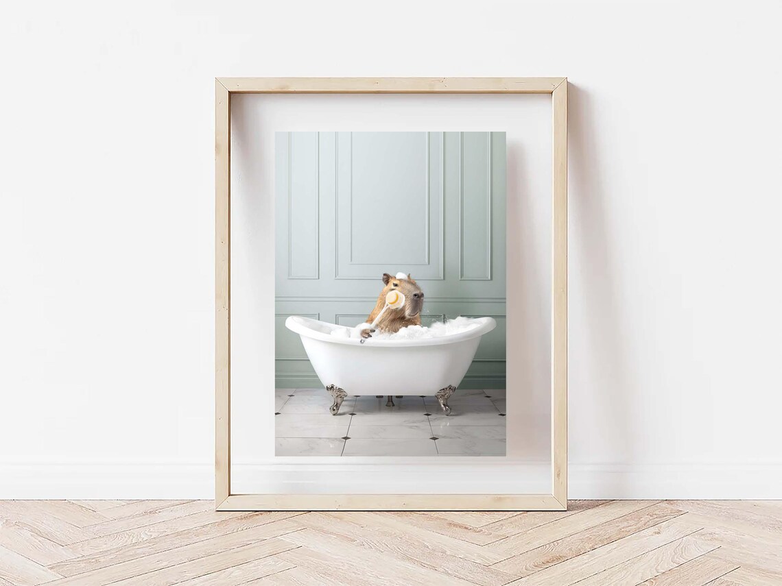 Adorable Capybara in Bubble Bath with Rubber Duck Funny Bathroom Poster - Image 2