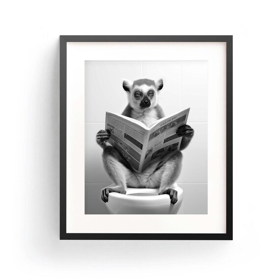 Funny Lemur Reading Newspaper On Toilet Black White Humor Poster