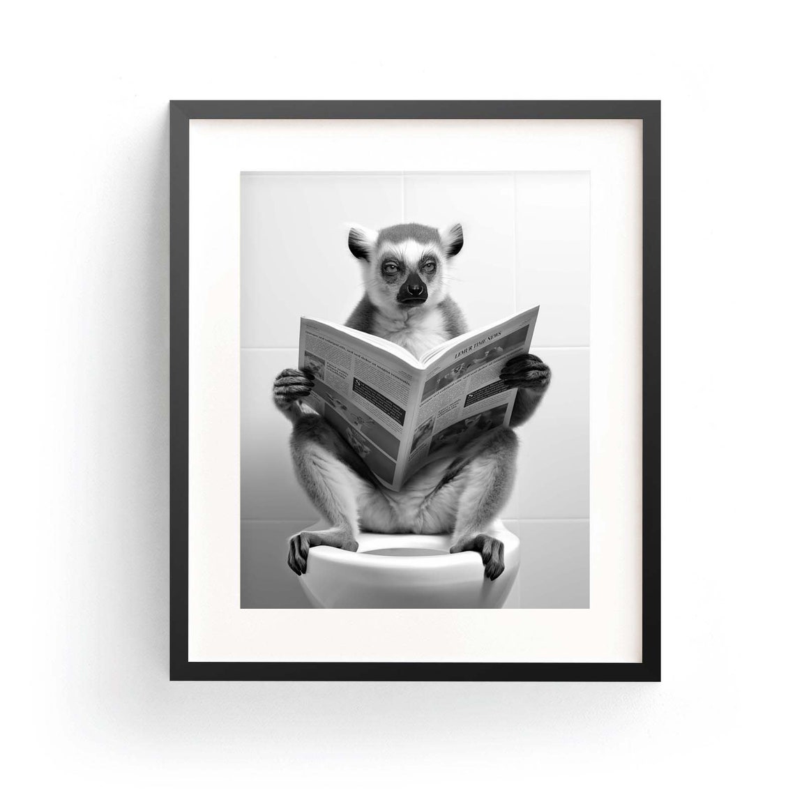 Funny Lemur Reading Newspaper On Toilet Black White Humor Poster
