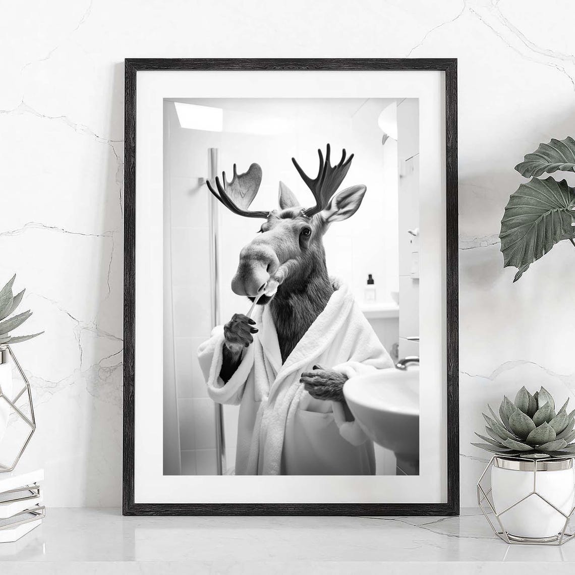 Moose in Bathrobe Brushing Teeth Funny Bathroom Animal Poster - Image 2