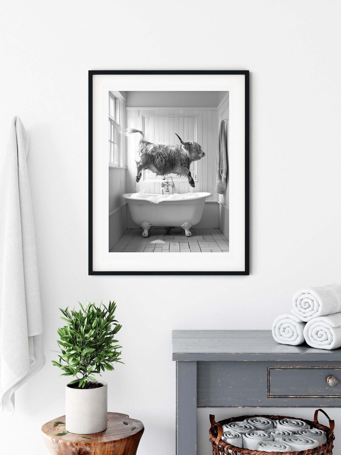 Happy Highland Cow In Tub Bathroom Art Print - Image 3