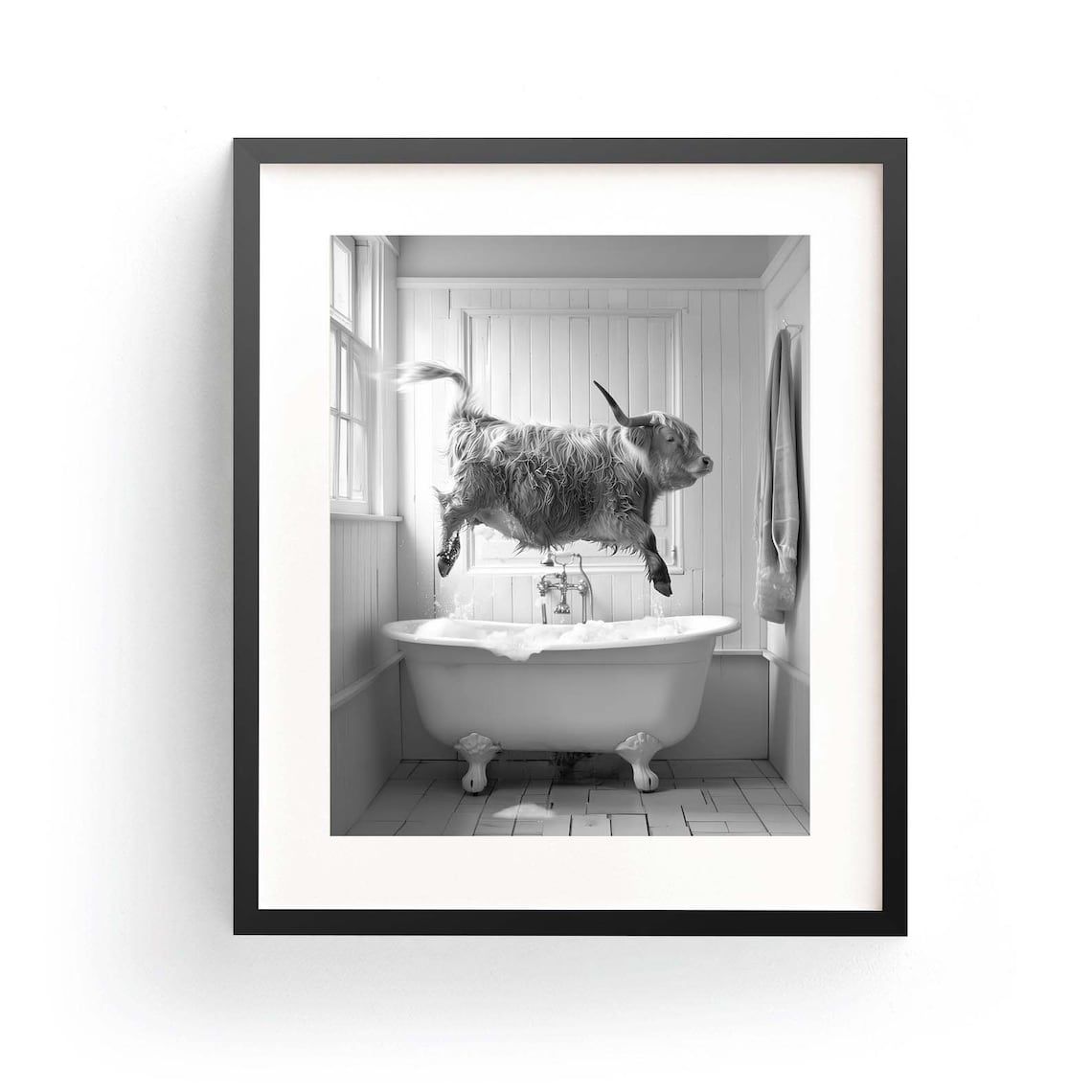 Happy Highland Cow In Tub Bathroom Art Print