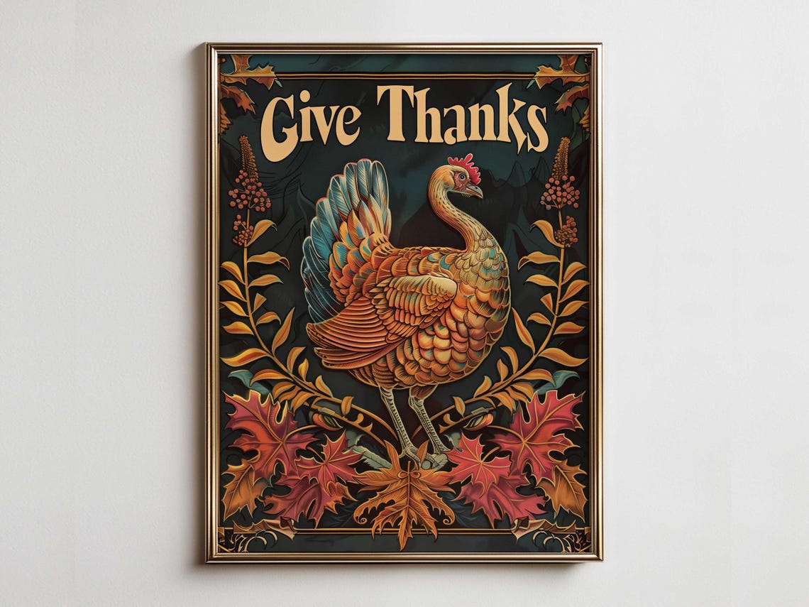 Give Thanks Turkey Autumn Leaves Vintage Dark Teal Fall Poster