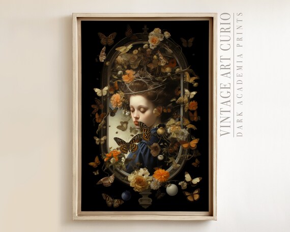 Antique Lady Portrait Print Dark Academia Woman With Butterflies