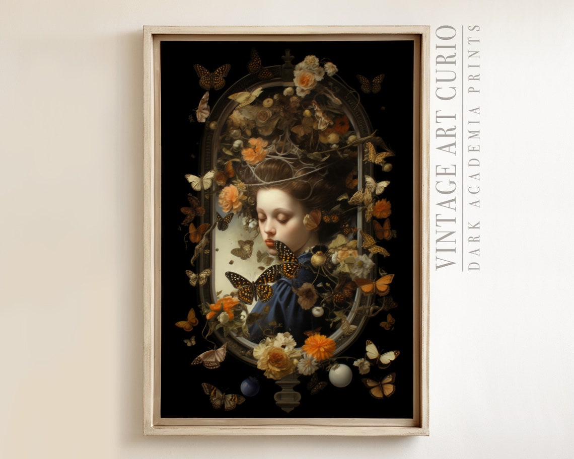 Antique Lady Portrait Print Dark Academia Woman With Butterflies