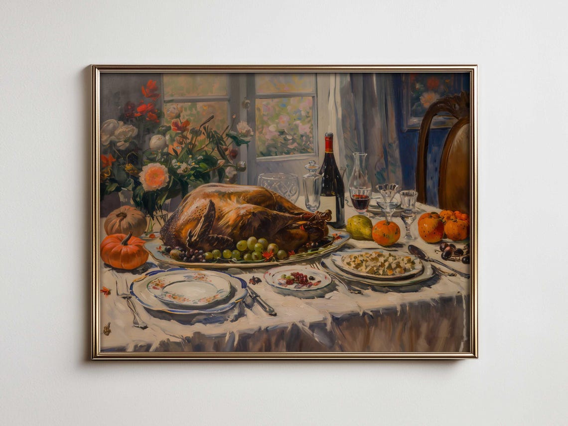 Thanksgiving Roast Turkey Grapes Wine Bottle Harvest Table Poster
