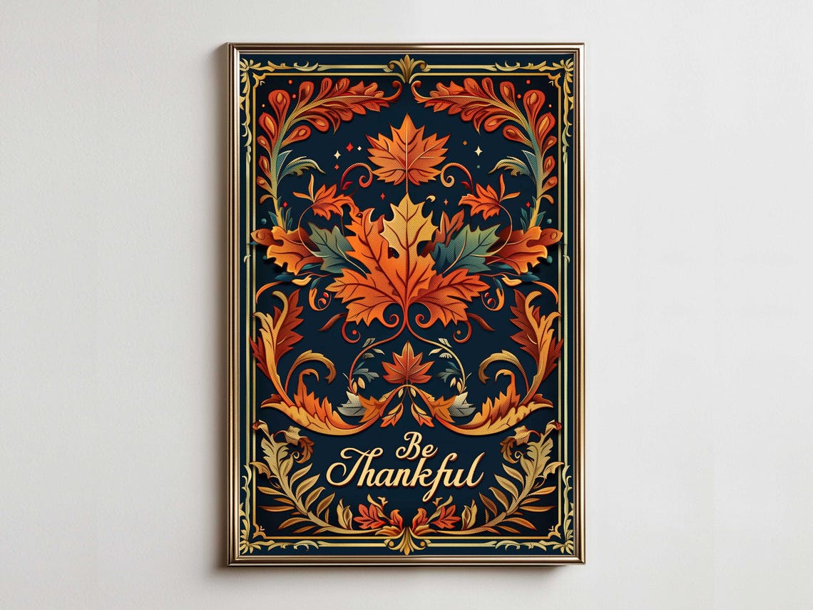 Be Thankful Ornate Gold Maple Leaves Navy Elegant Fall Poster