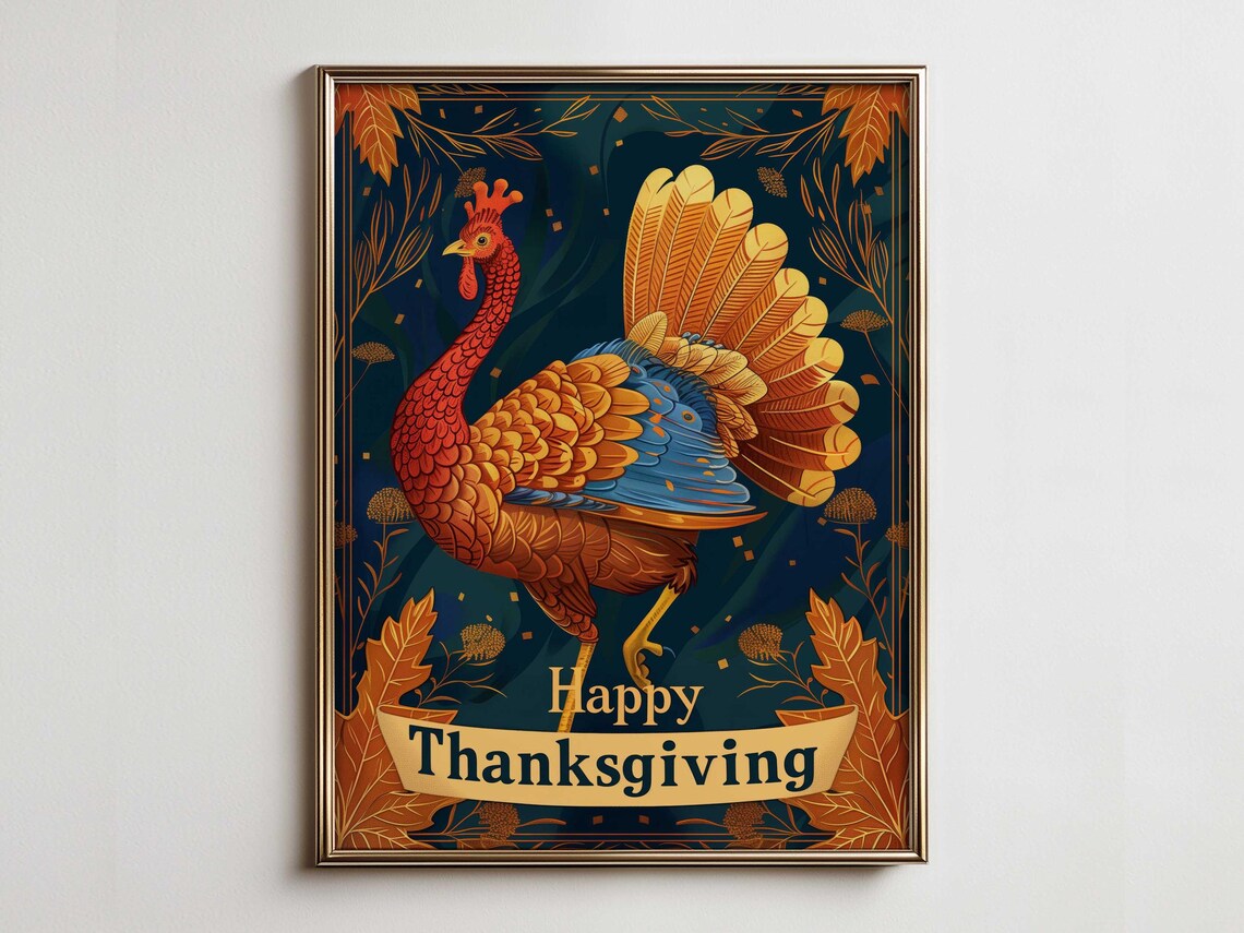 Happy Thanksgiving Turkey Vintage Dark Blue Holiday Wall Poster