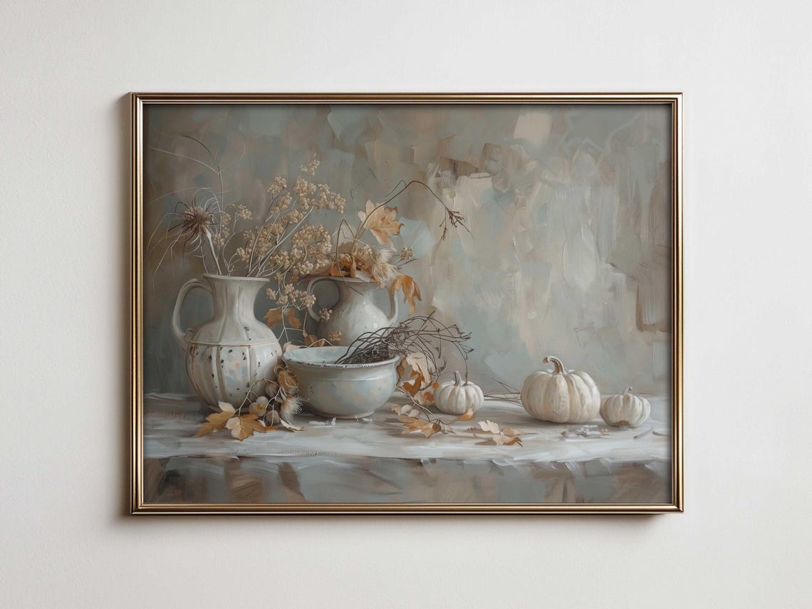Neutral Autumn Still Life White Pumpkins Minimalist Farmhouse Poster