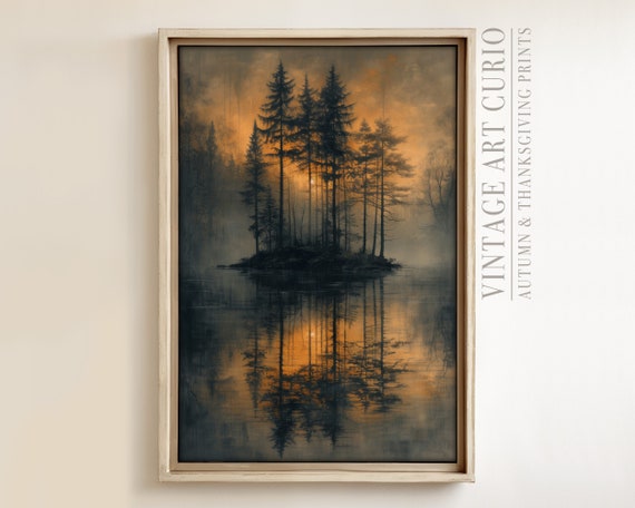 Misty Forest Reflection Wall Art Print Golden Sunrise Lake Scene Calm Nature Decor For Living Room Bedroom Or Cabin Retreat Autn060