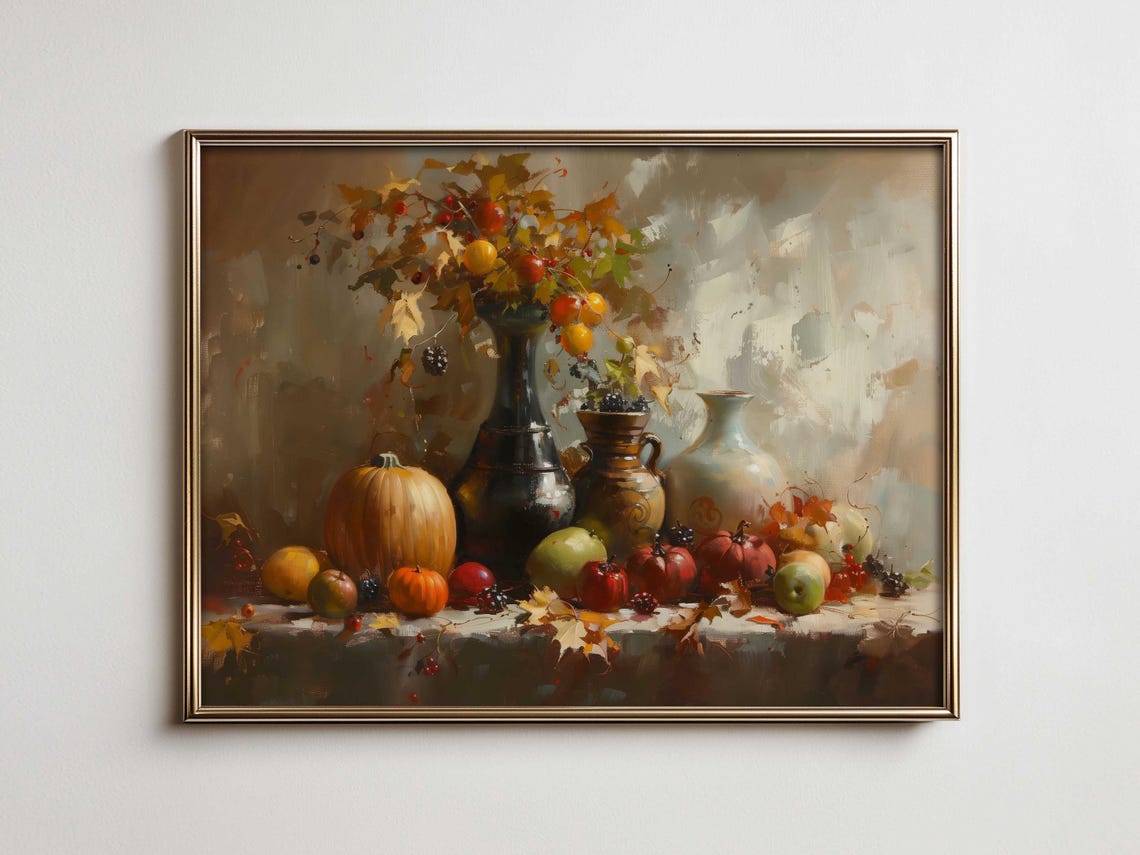 Autumn Vases Pumpkins Apples Berries Fall Leaves Still Life Poster