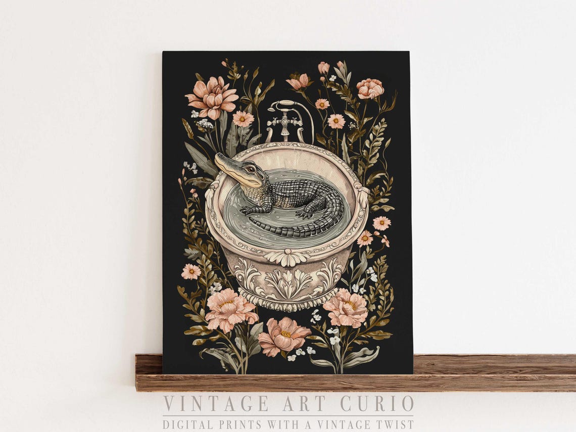 Whimsical Alligator in Bathtub Floral Dark Gothic Bath Art Print